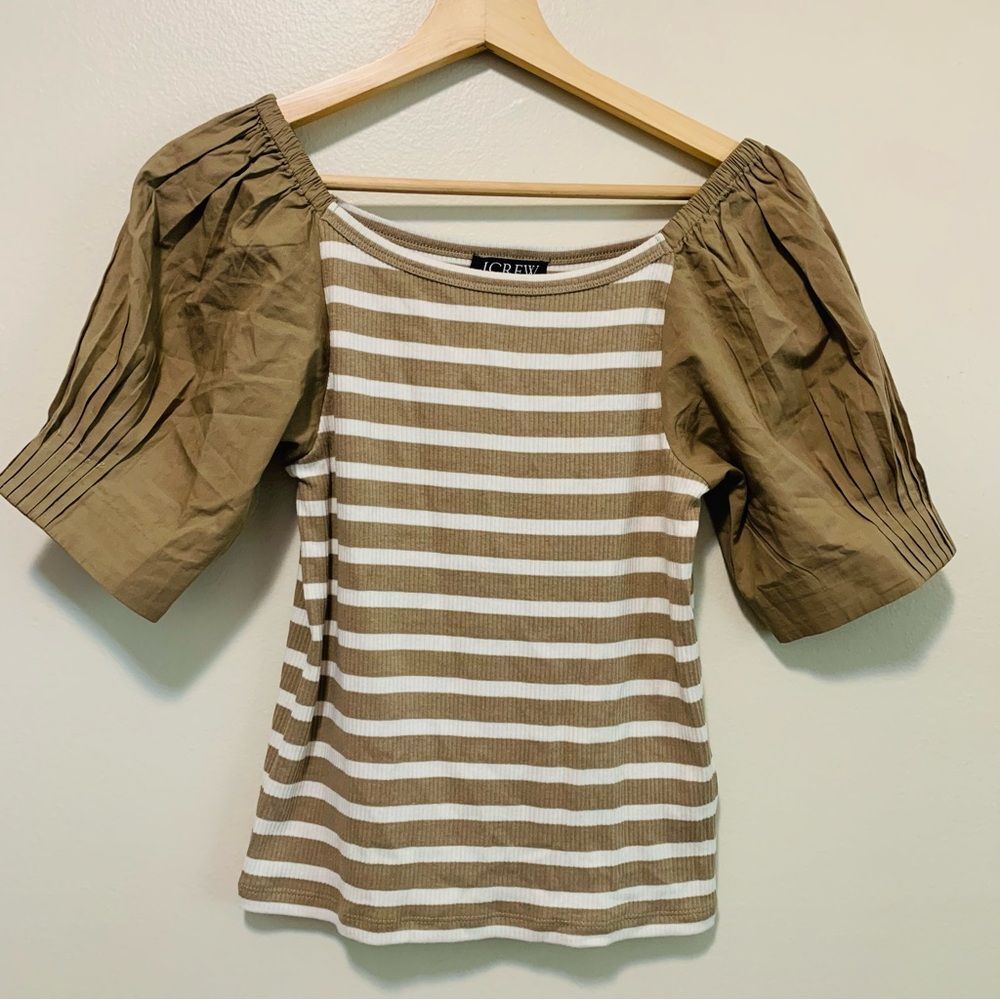 J. Crew Vintage Ribbed top with Cotton Poplin Puff Sleeves tan stripe size small